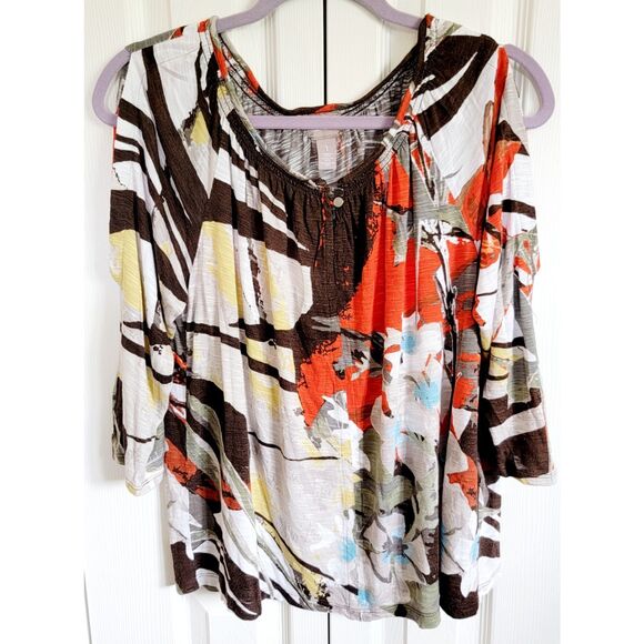 Chico's 1 Womens Large Floral Neutral Colors‎ 3/4 Sleeve Top Blouse Round Neck M - Picture 1 of 8